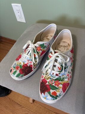 Keds Women's White Canvas Sneakers with Red & Pink Floral Print